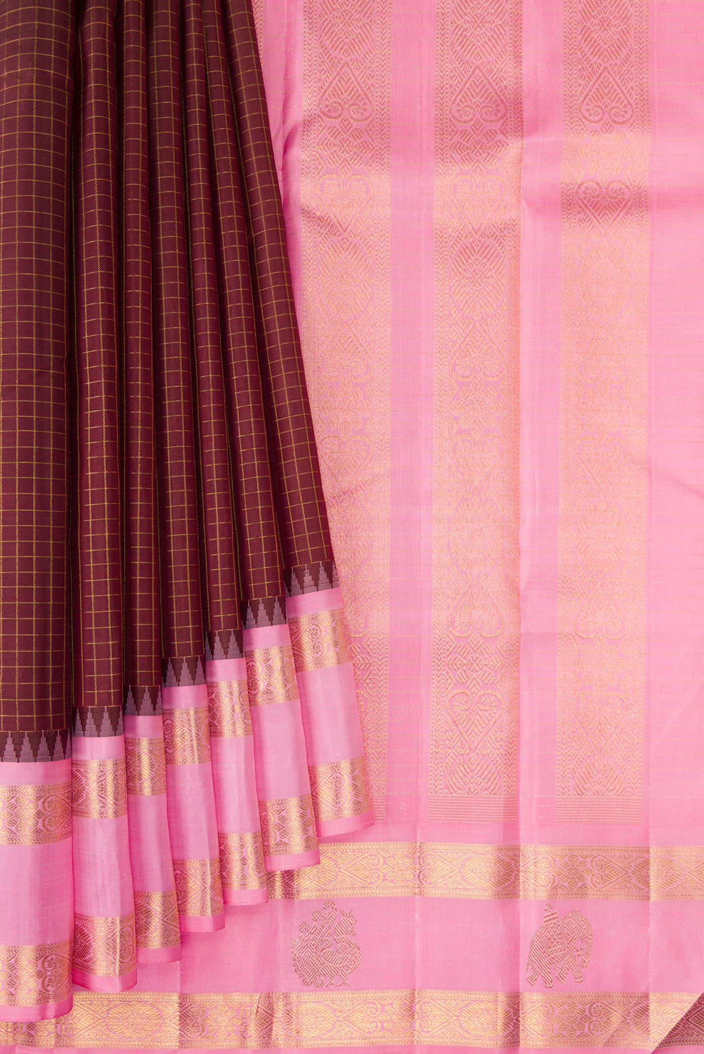 Pleats and pallu of Pure Silk Pure Zari Coffee Brown Kanchipuram Saree with Checked design on the body and Fancy Border. 