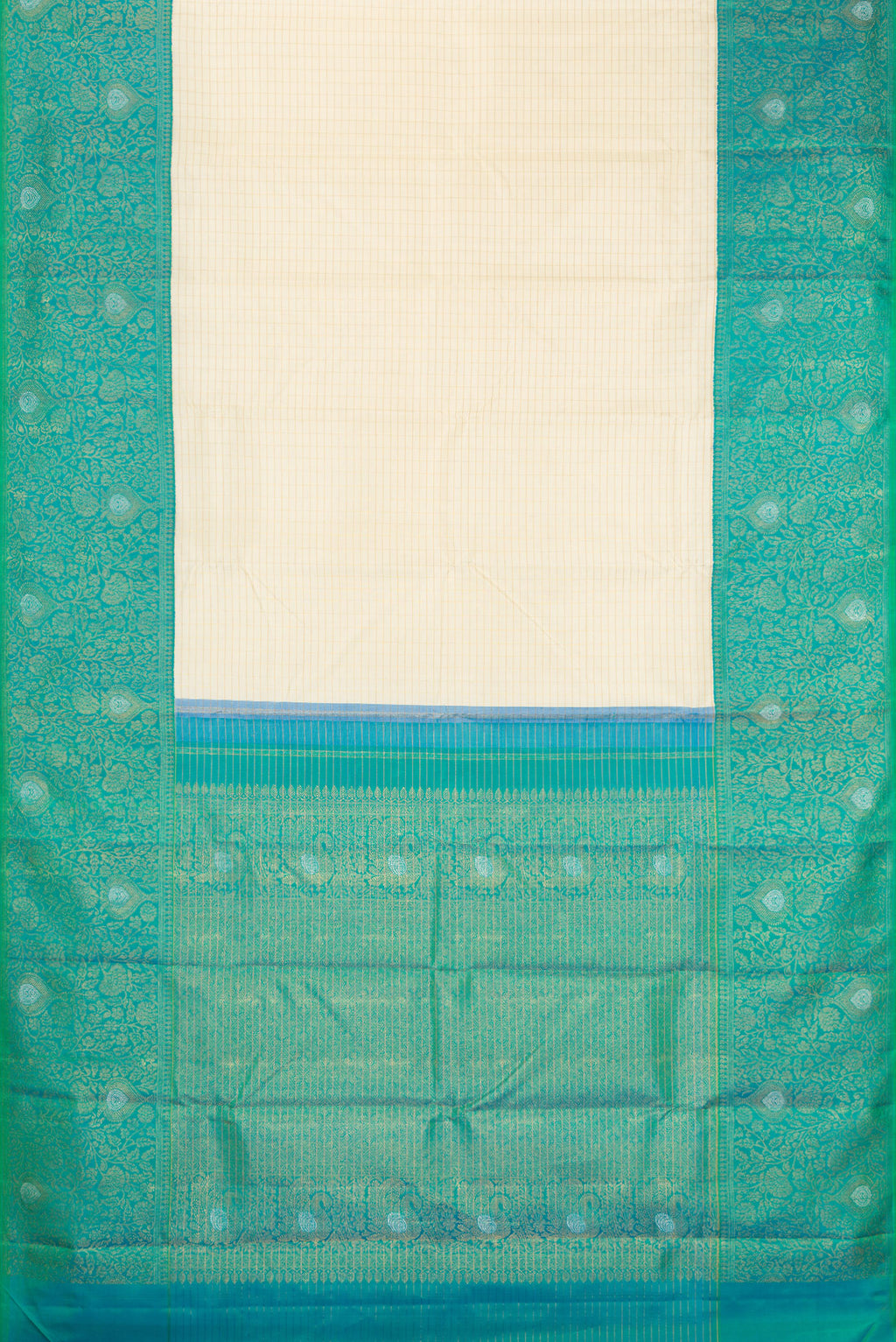 Flat view of Pure Silk Pure Zari Off White Kanchipuram Saree with Checked design on the body and Zari Border. 
