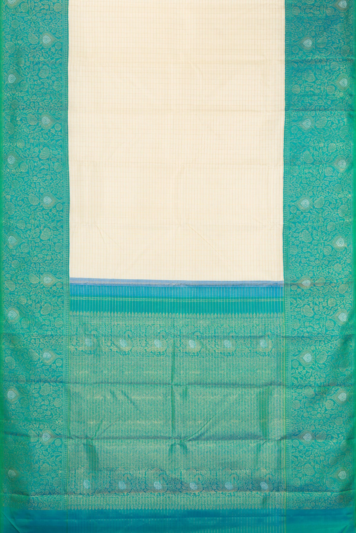 Flat view of Pure Silk Pure Zari Off White Kanchipuram Saree with Checked design on the body and Zari Border. 