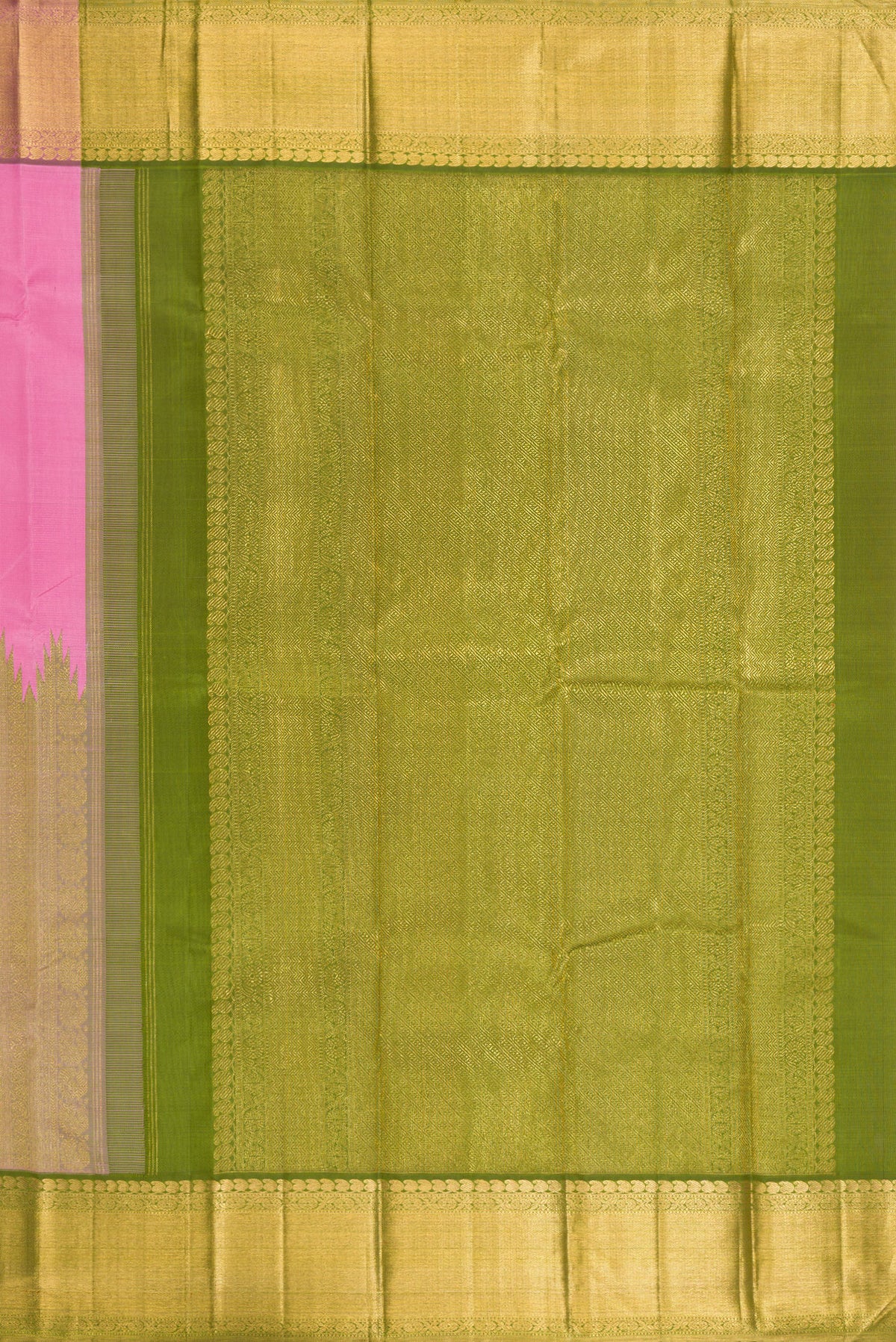Close up image of the pallu of Pure Silk Pure Zari Pink Dual Tone Kanchipuram Saree with Stripes on the body and Fancy Border. 