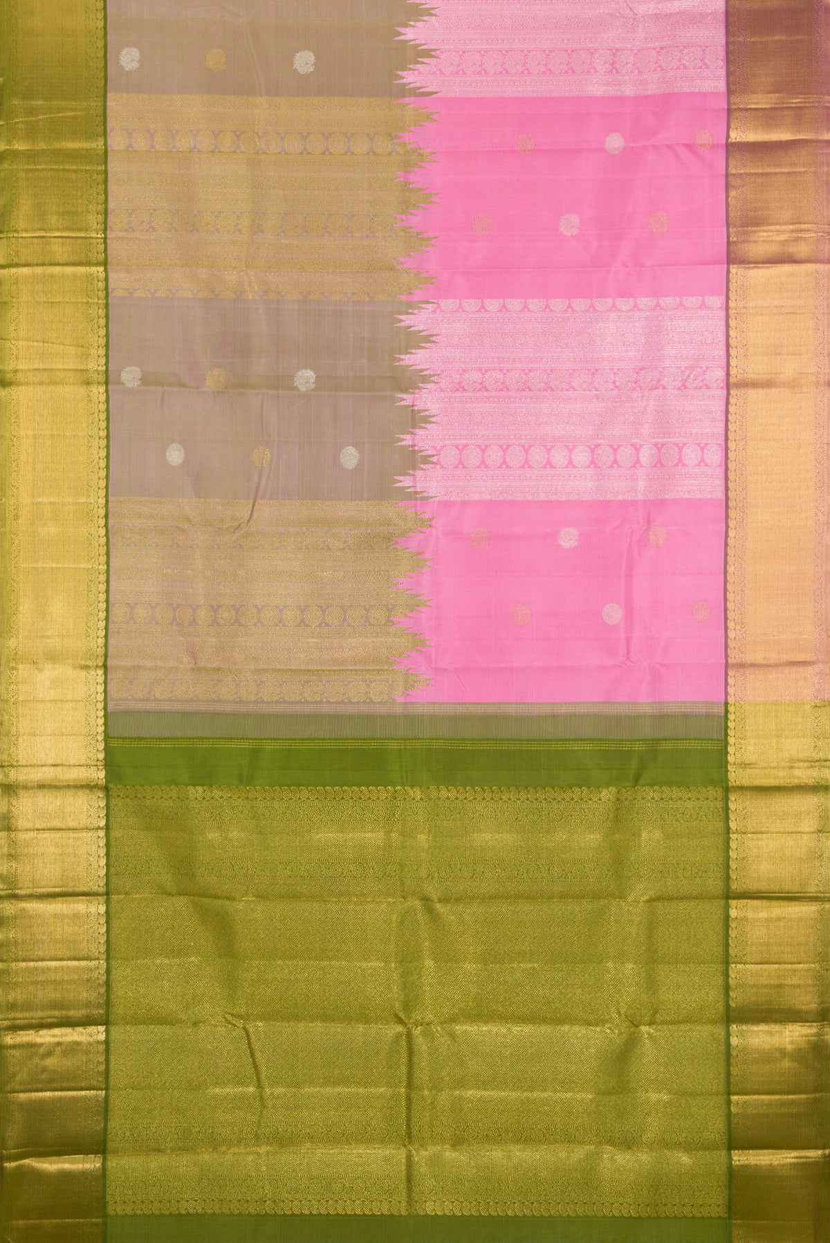 Flat view of Pure Silk Pure Zari Pink Dual Tone Kanchipuram Saree with Stripes on the body and Fancy Border. 
