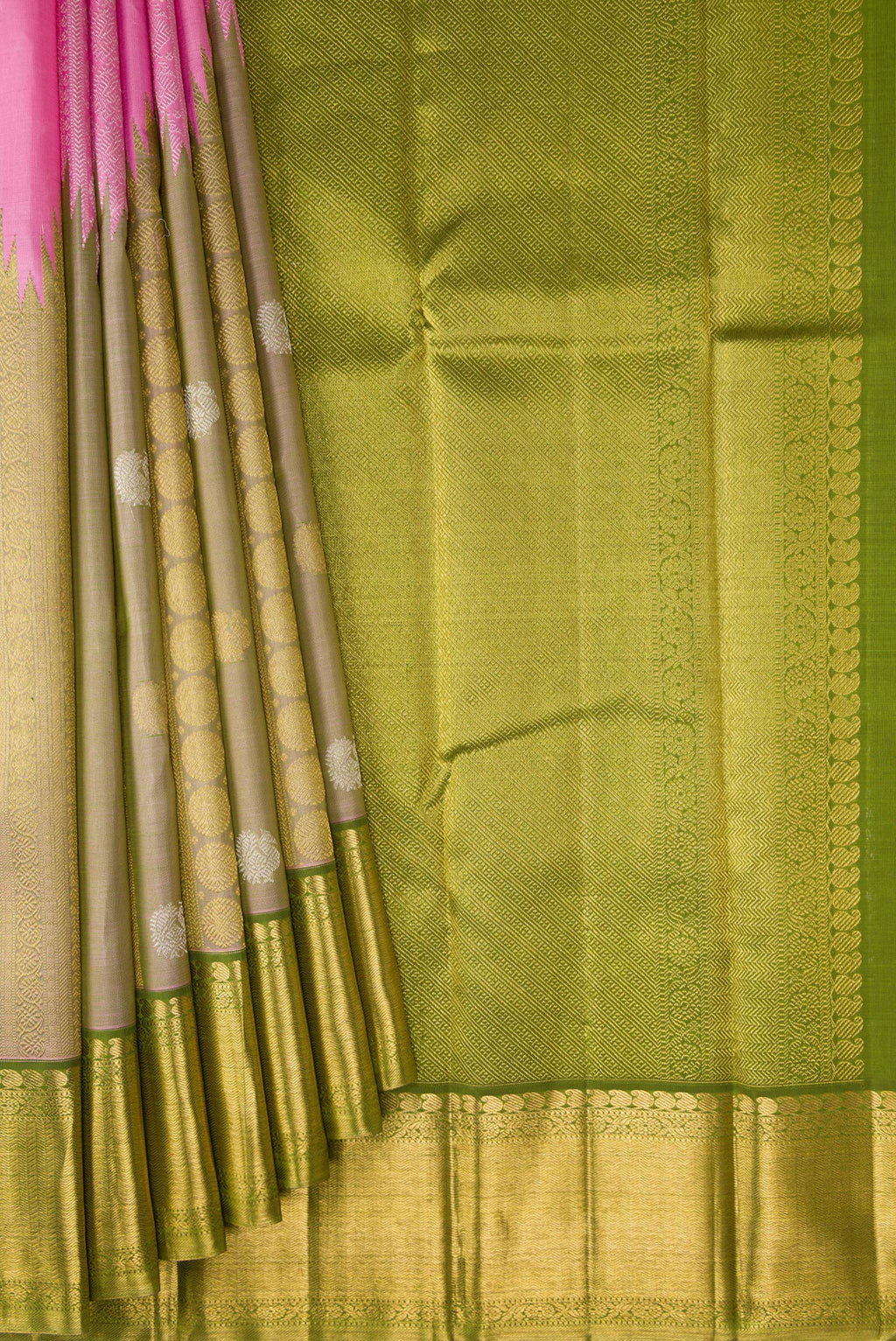 Pleats and pallu of Pure Silk Pure Zari Pink Dual Tone Kanchipuram Saree with Stripes on the body and Fancy Border. 