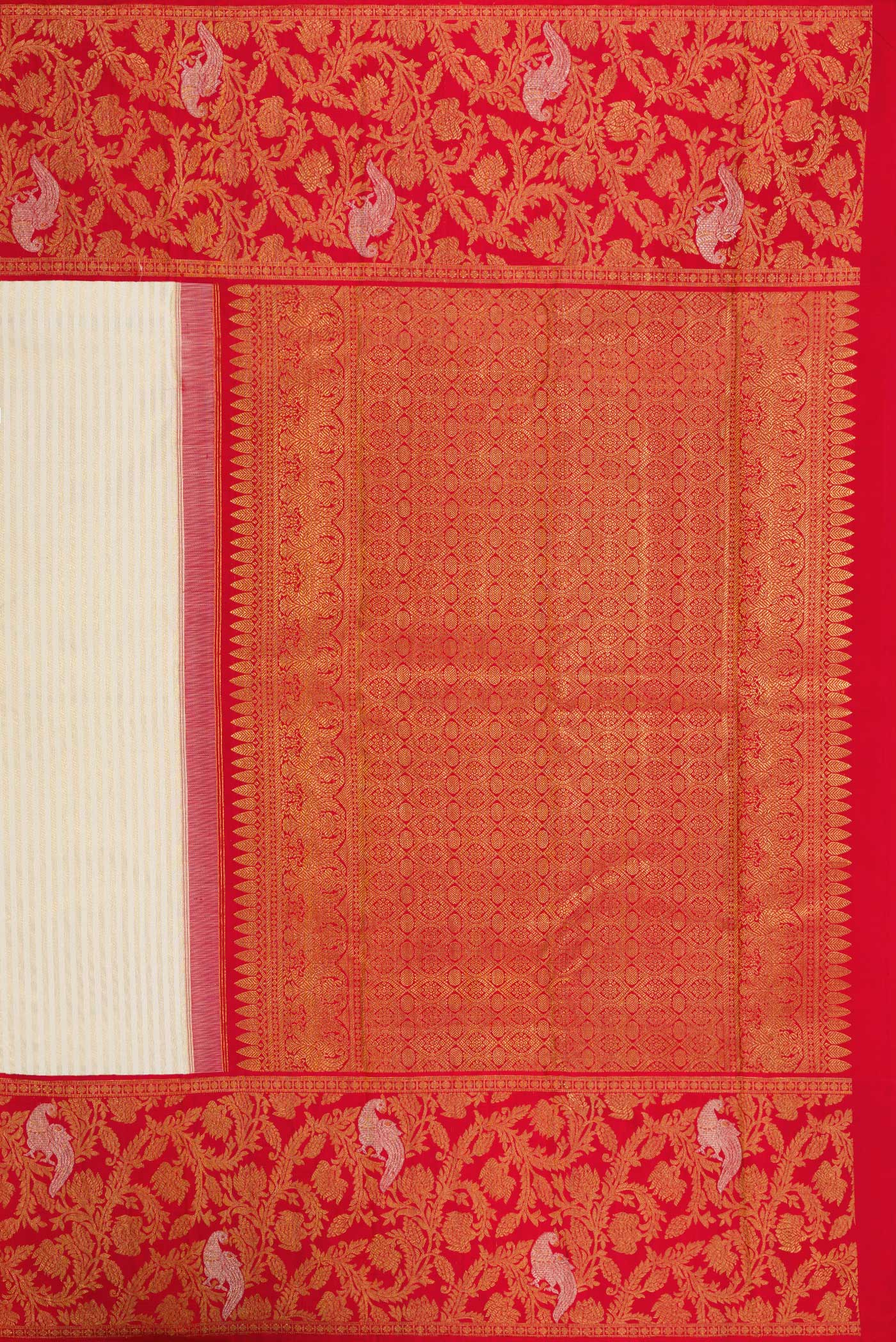 Close up image of the pallu of Off White Kanjivaram Silk Saree with Stripes on the body and Fancy Border. 