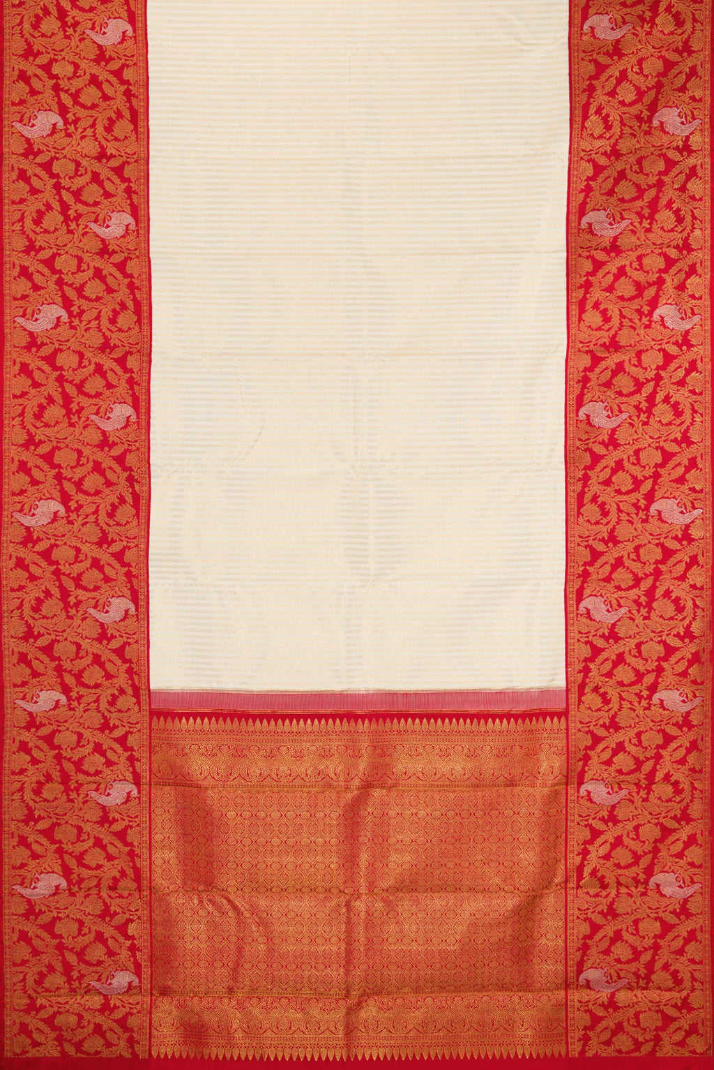 Flat view of Off White Kanjivaram Silk Saree with Stripes on the body and Fancy Border. 