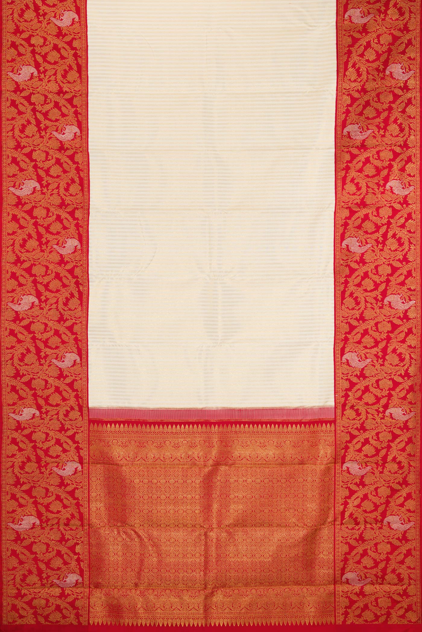 Flat view of Off White Kanjivaram Silk Saree with Stripes on the body and Fancy Border. 