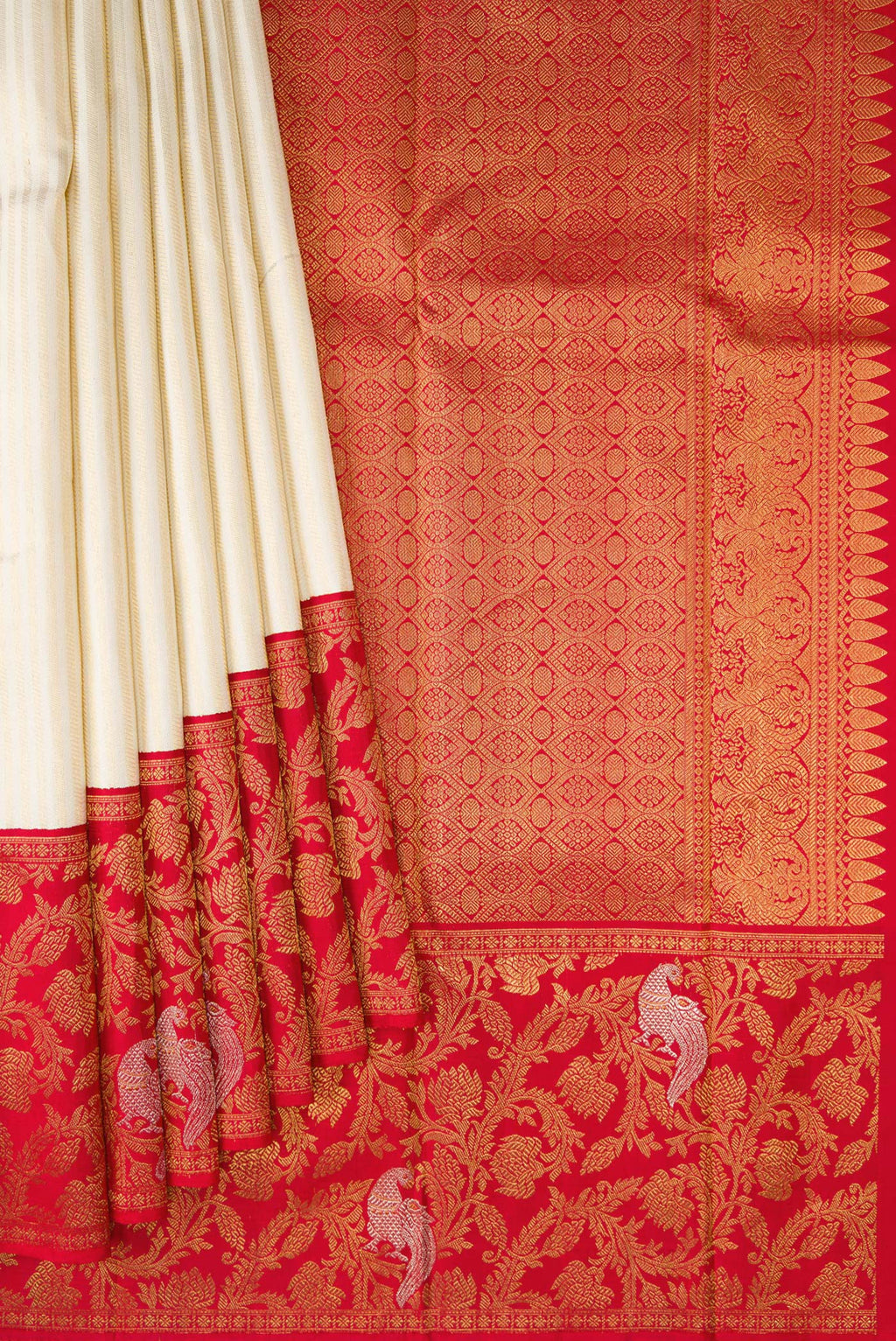 Pleats and pallu of Off White Kanjivaram Silk Saree with Stripes on the body and Fancy Border. 