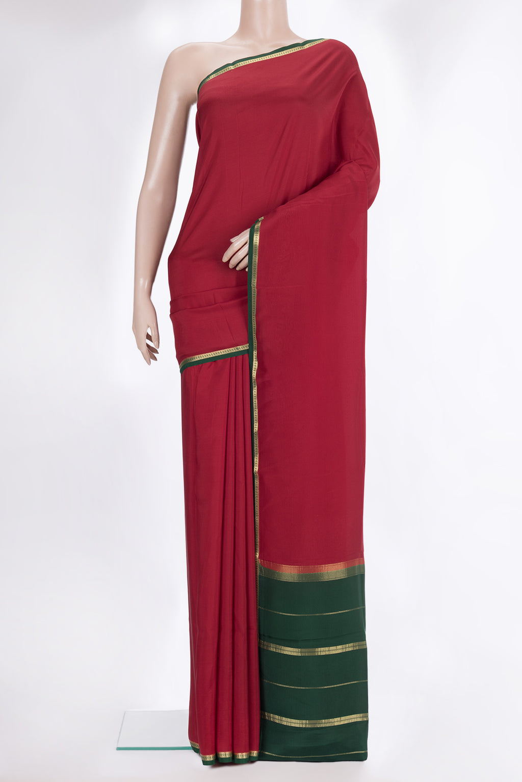 Pure Silk Pure Zari Red Mysore Silk Saree with Plain Body and Zari Border.  displayed on a mannequin