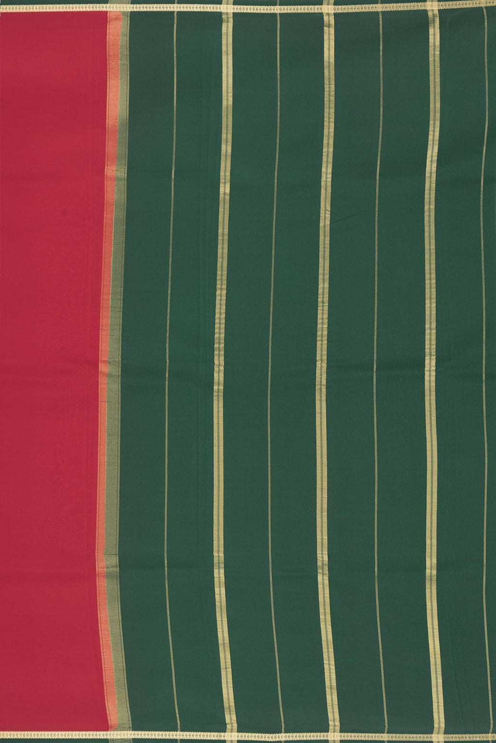 Close up image of the pallu of Pure Silk Pure Zari Red Mysore Silk Saree with Plain Body and Zari Border. 