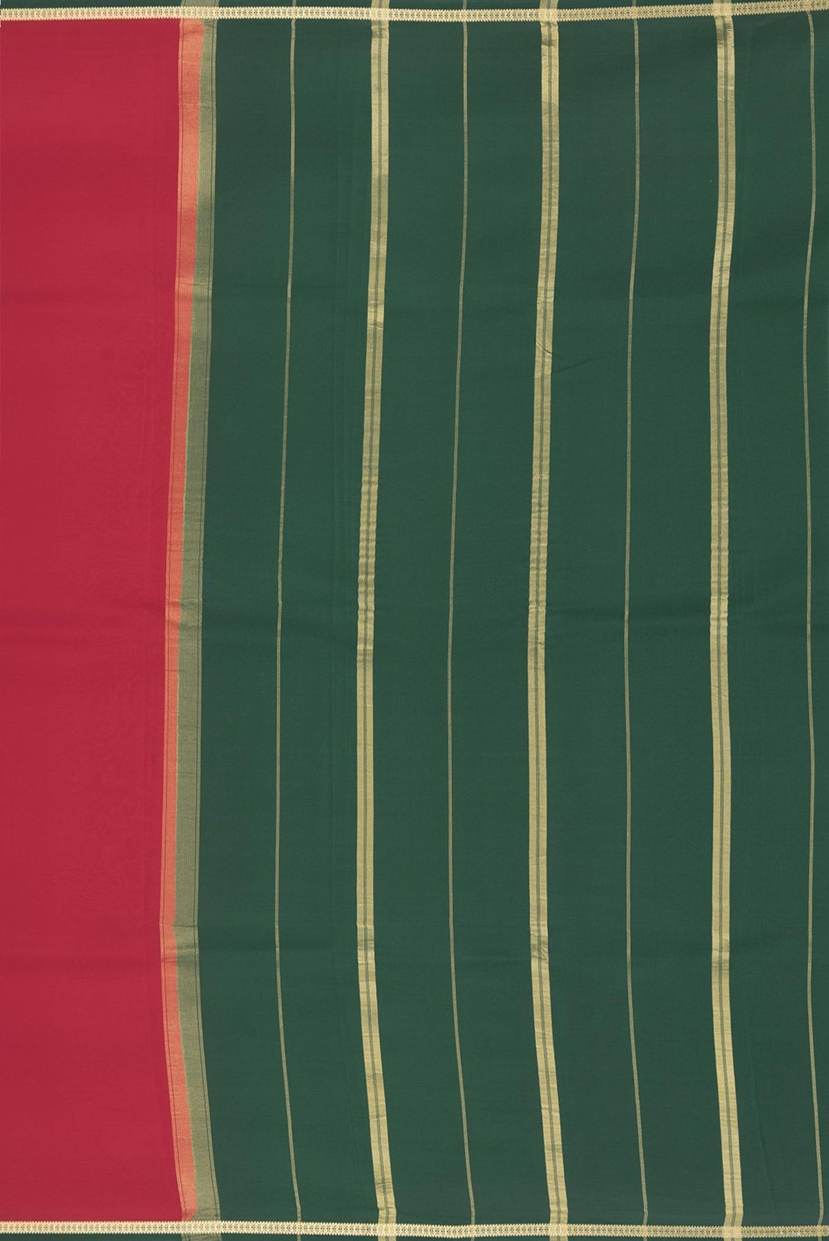 Close up image of the pallu of Pure Silk Pure Zari Red Mysore Silk Saree with Plain Body and Zari Border. 