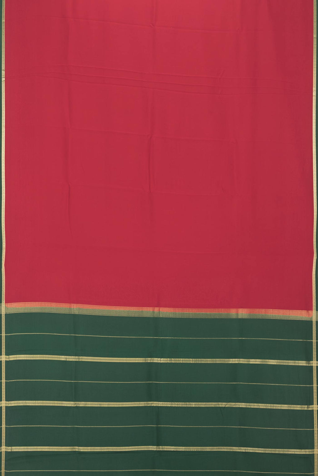 Flat view of Pure Silk Pure Zari Red Mysore Silk Saree with Plain Body and Zari Border. 