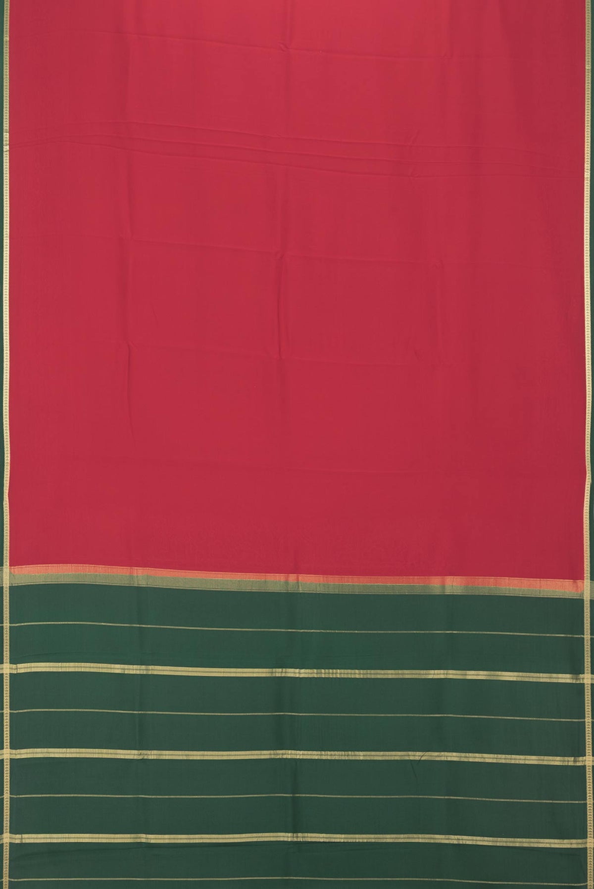Flat view of Pure Silk Pure Zari Red Mysore Silk Saree with Plain Body and Zari Border. 