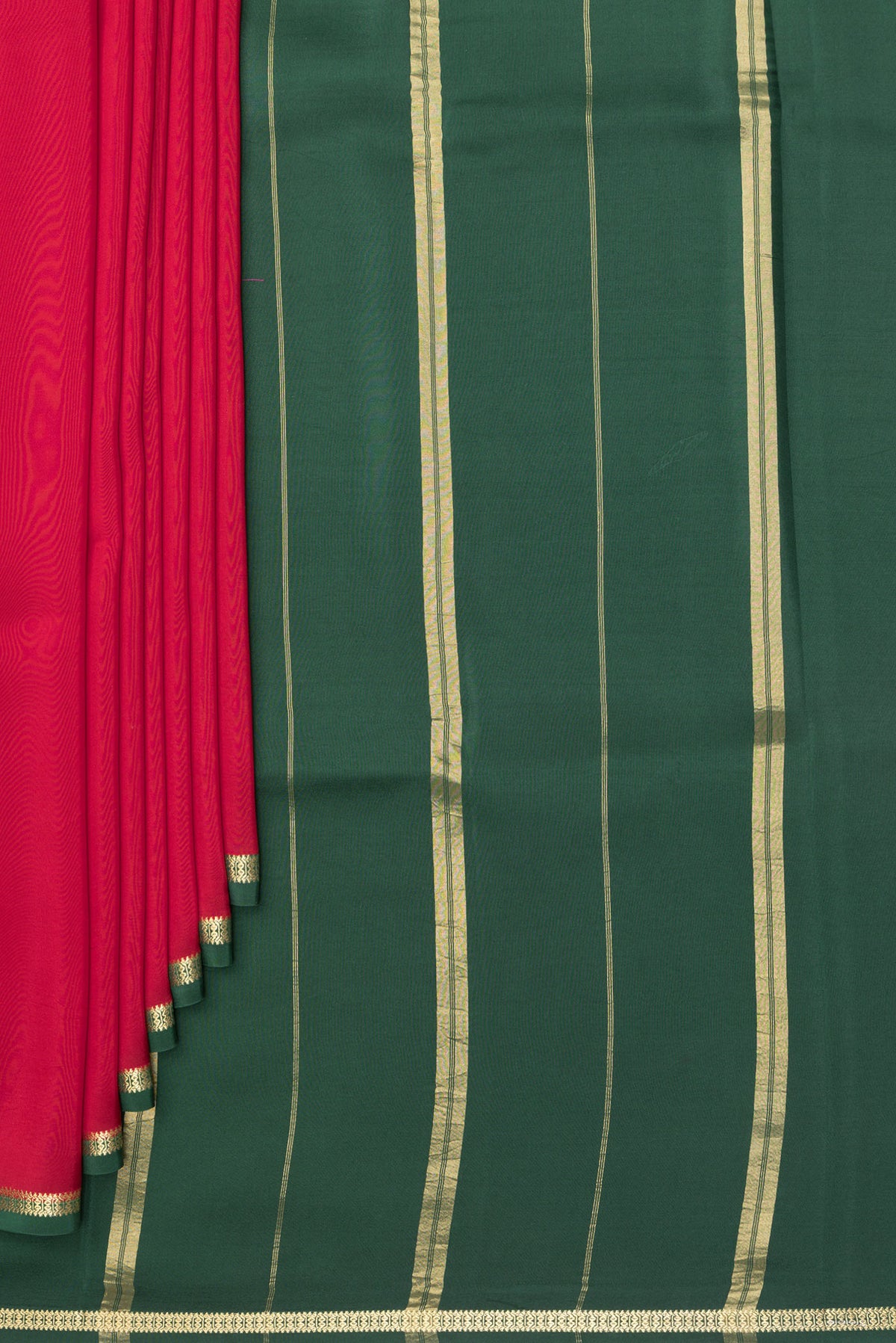 Pleats and pallu of Pure Silk Pure Zari Red Mysore Silk Saree with Plain Body and Zari Border. 