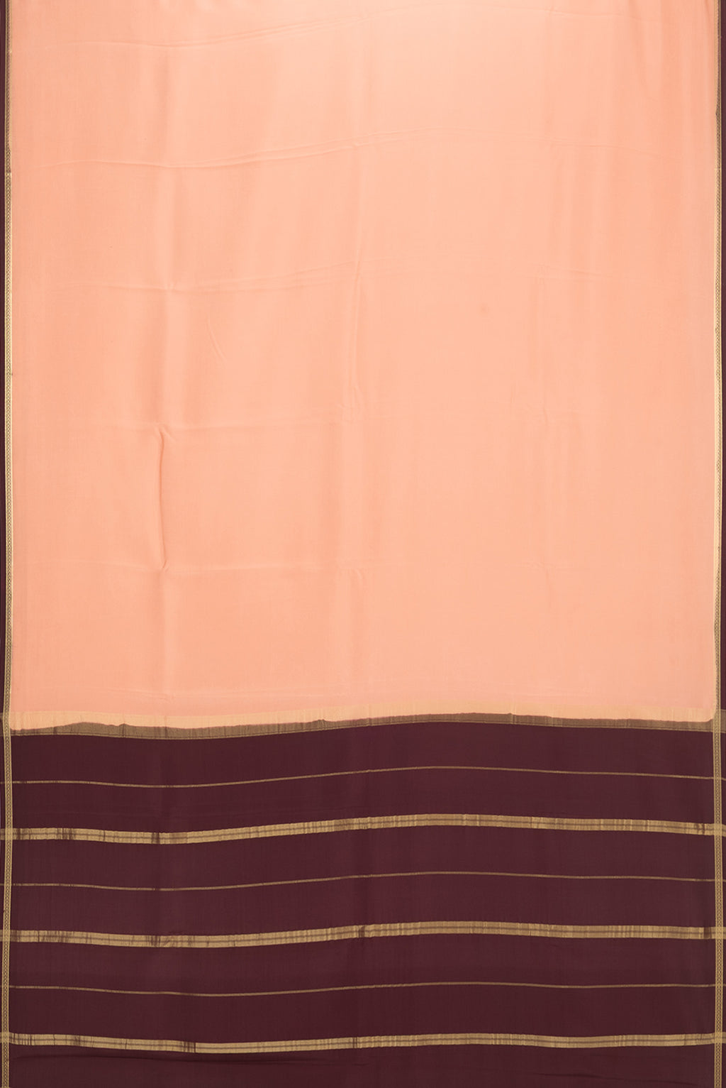 Flat view of Pure Silk Pure Zari Golden Peach Mysore Silk Saree with Plain Body and Zari Border. 
