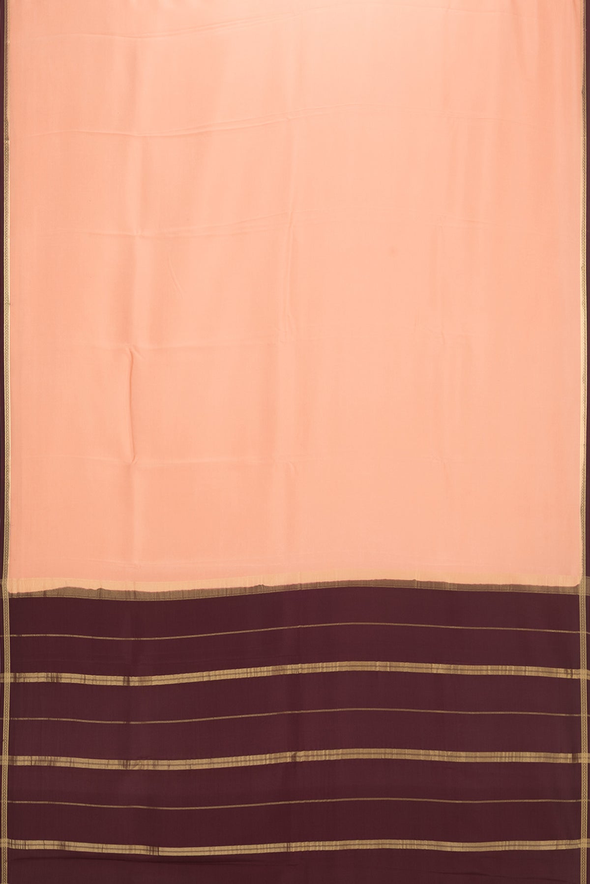 Flat view of Pure Silk Pure Zari Golden Peach Mysore Silk Saree with Plain Body and Zari Border. 