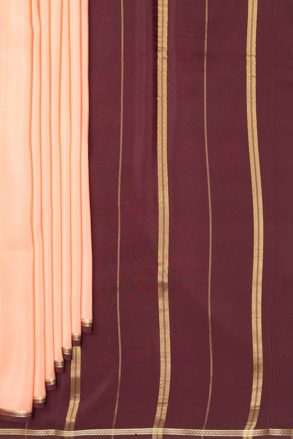 Pleats and pallu of Pure Silk Pure Zari Golden Peach Mysore Silk Saree with Plain Body and Zari Border. 