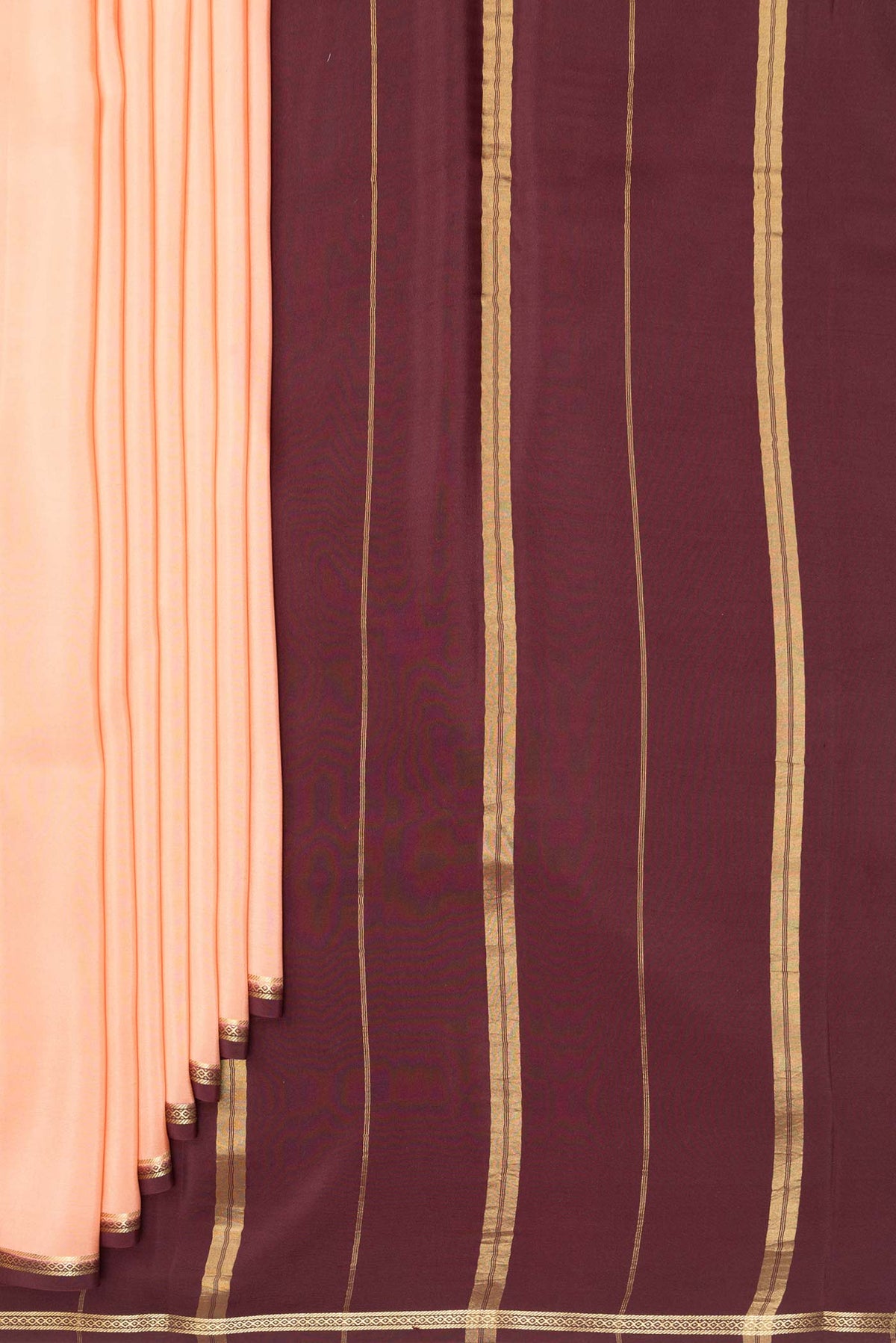 Pleats and pallu of Pure Silk Pure Zari Golden Peach Mysore Silk Saree with Plain Body and Zari Border. 