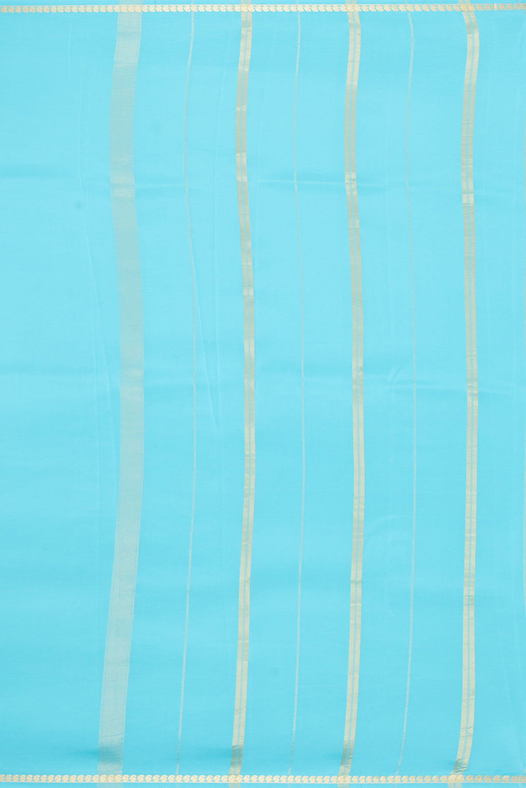 Close up image of the pallu of Pure Silk Pure Zari Sky Blue Mysore Silk Saree with Plain Body and Zari Border. 