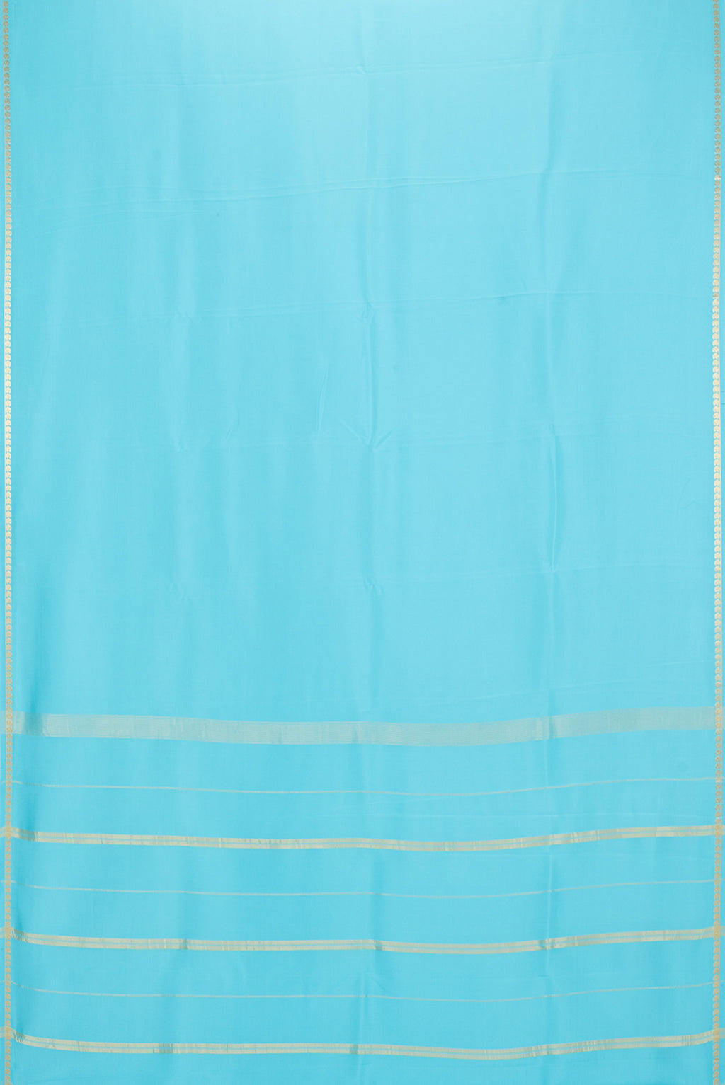 Flat view of Pure Silk Pure Zari Sky Blue Mysore Silk Saree with Plain Body and Zari Border. 