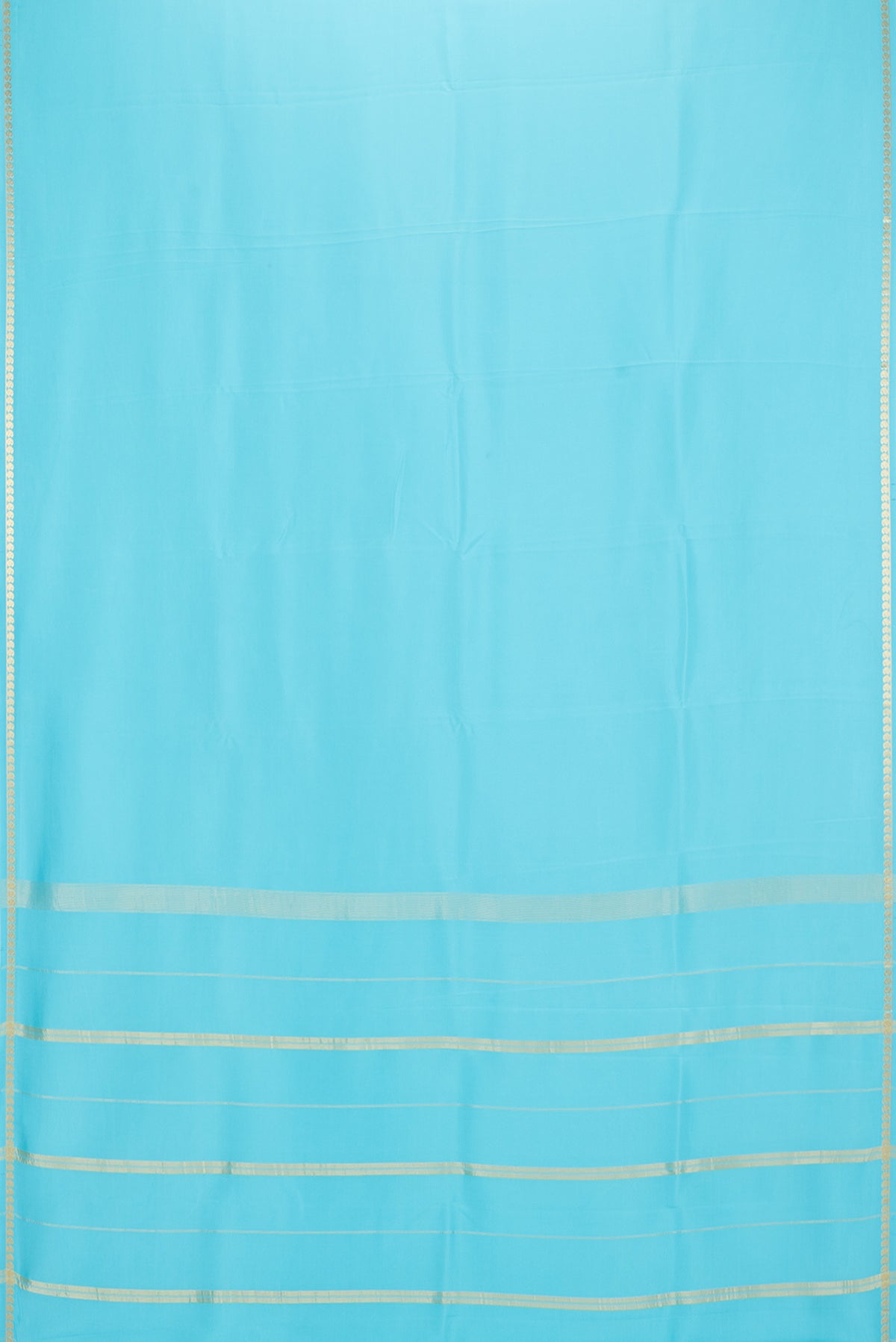 Flat view of Pure Silk Pure Zari Sky Blue Mysore Silk Saree with Plain Body and Zari Border. 