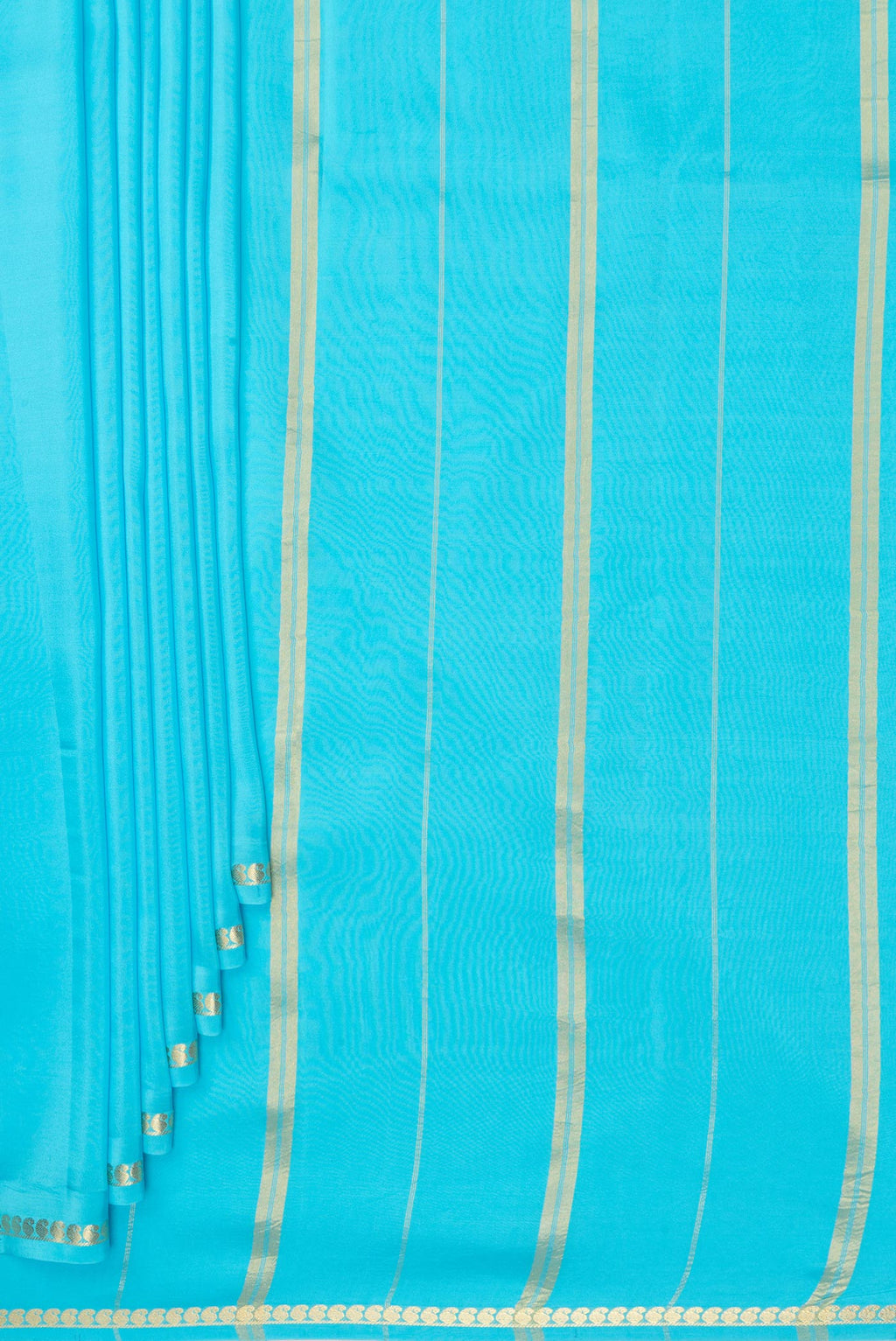Pleats and pallu of Pure Silk Pure Zari Sky Blue Mysore Silk Saree with Plain Body and Zari Border. 