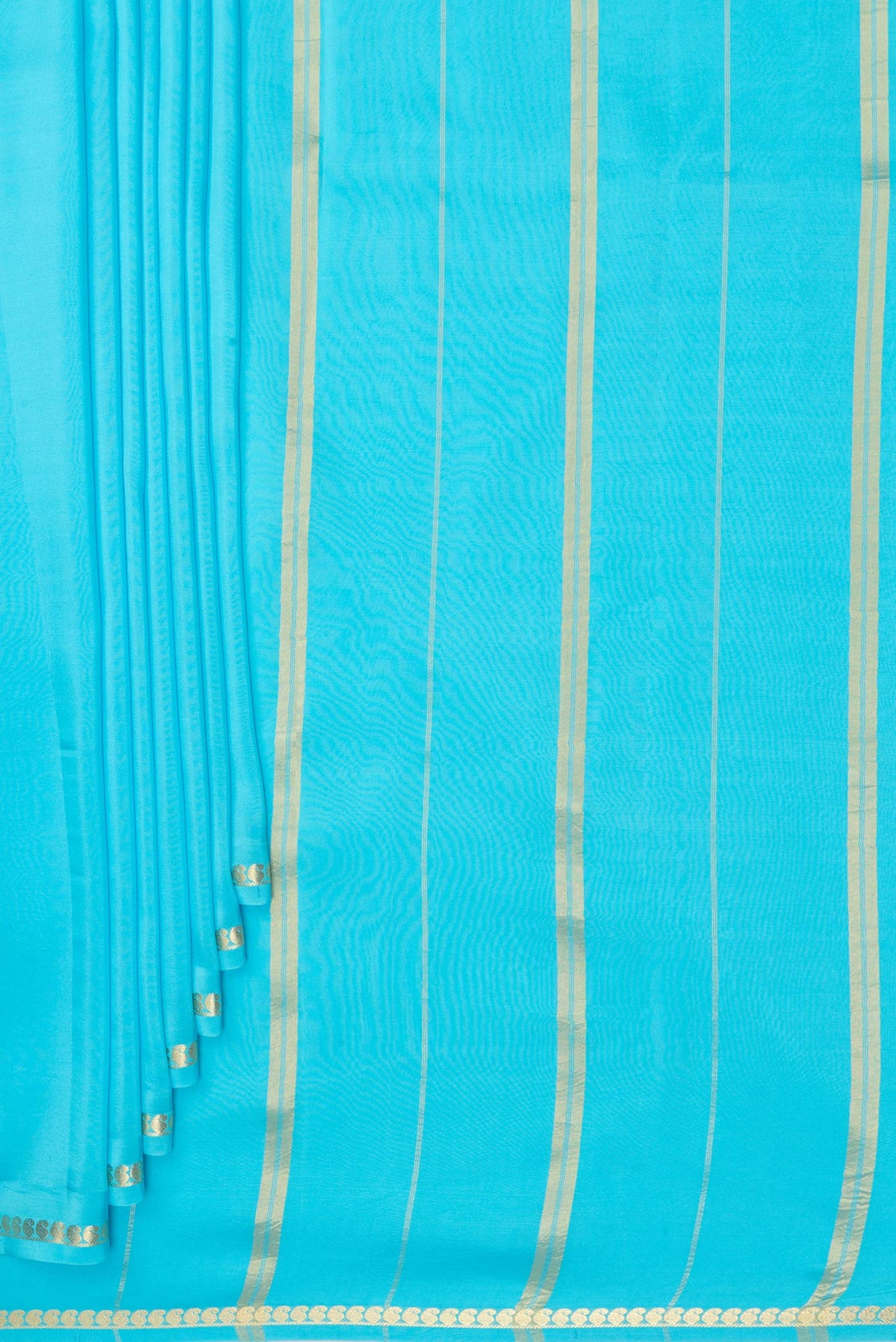 Pleats and pallu of Pure Silk Pure Zari Sky Blue Mysore Silk Saree with Plain Body and Zari Border. 