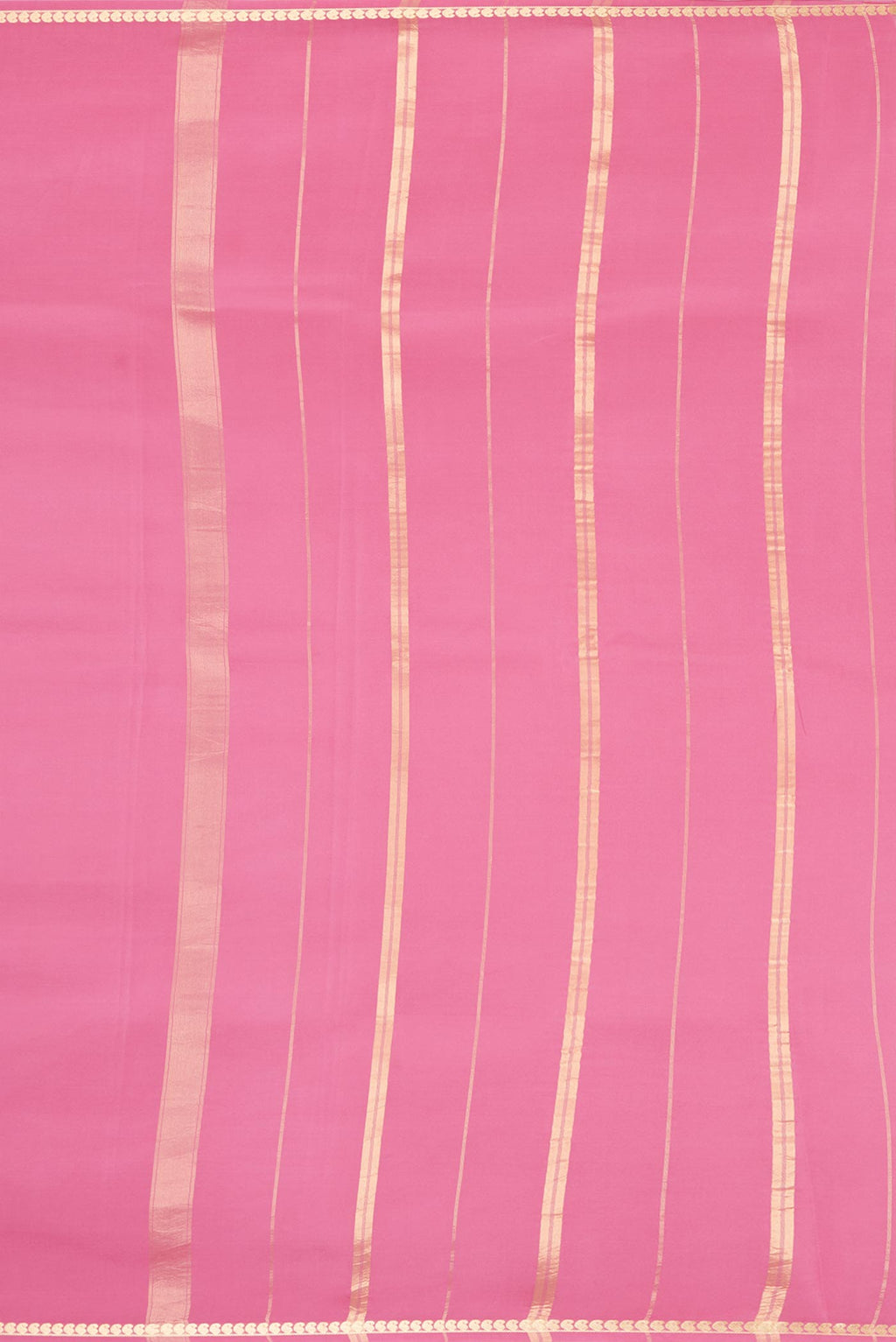 Close up image of the pallu of Pure Silk Pure Zari Pink Mysore Silk Saree with Plain Body and Zari Border. 