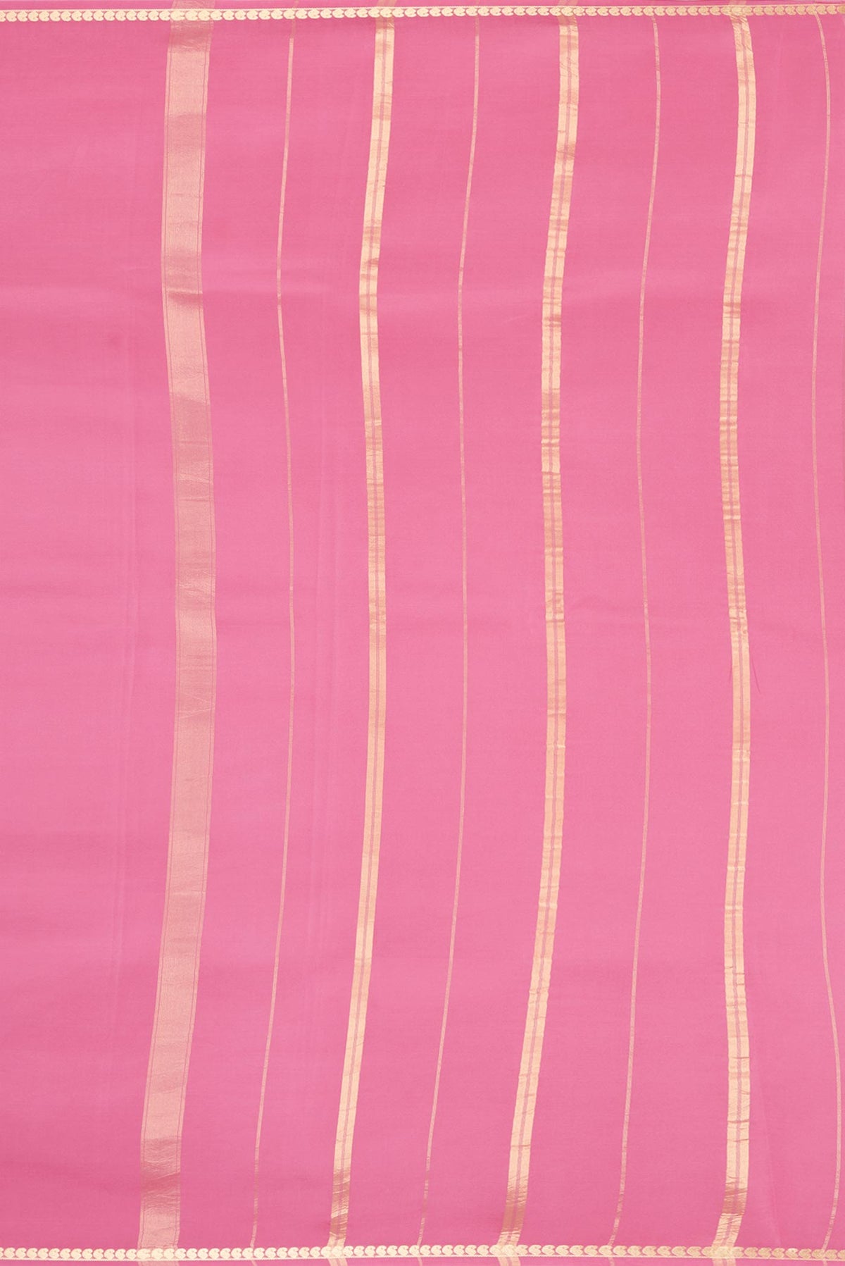Close up image of the pallu of Pure Silk Pure Zari Pink Mysore Silk Saree with Plain Body and Zari Border. 