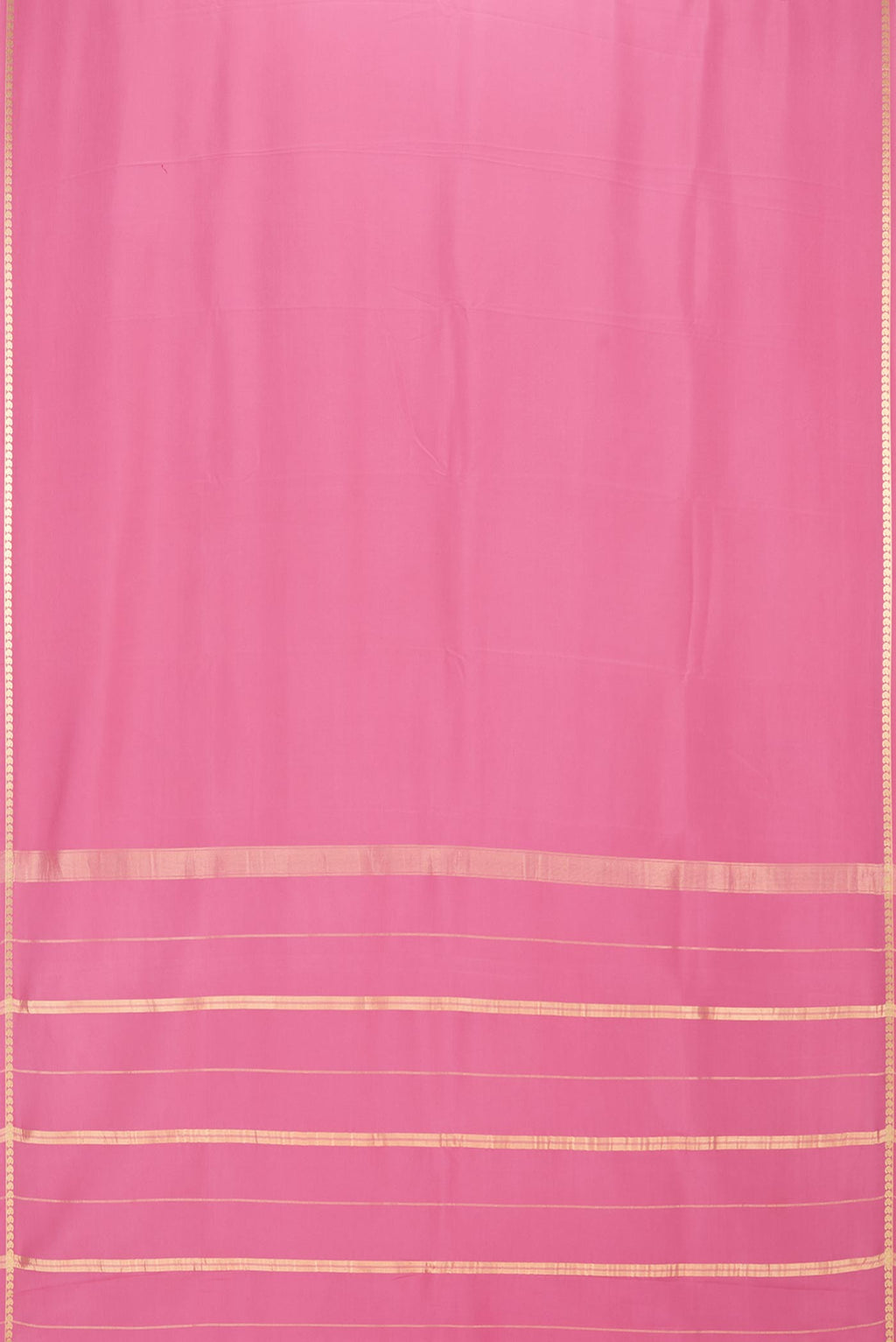 Flat view of Pure Silk Pure Zari Pink Mysore Silk Saree with Plain Body and Zari Border. 