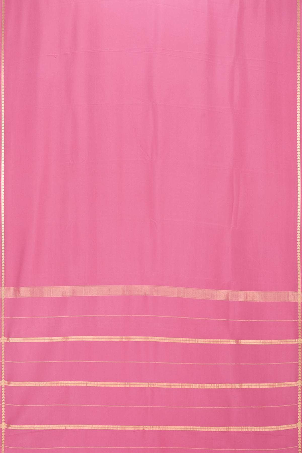 Flat view of Pure Silk Pure Zari Pink Mysore Silk Saree with Plain Body and Zari Border. 