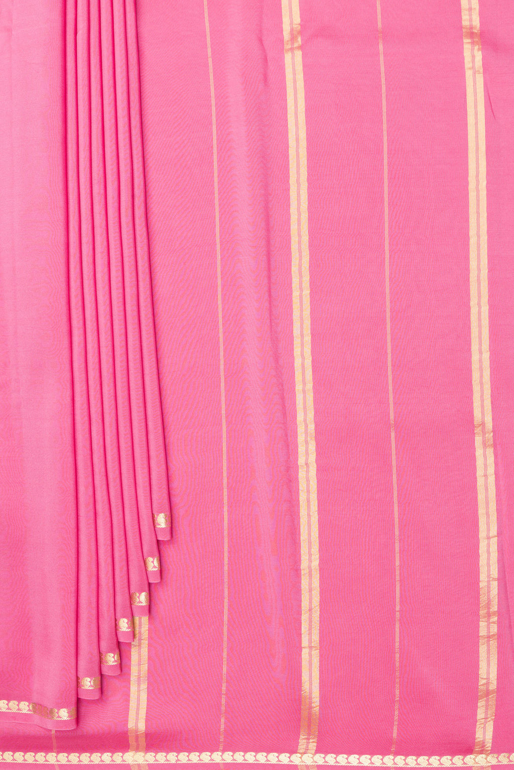Pleats and pallu of Pure Silk Pure Zari Pink Mysore Silk Saree with Plain Body and Zari Border. 
