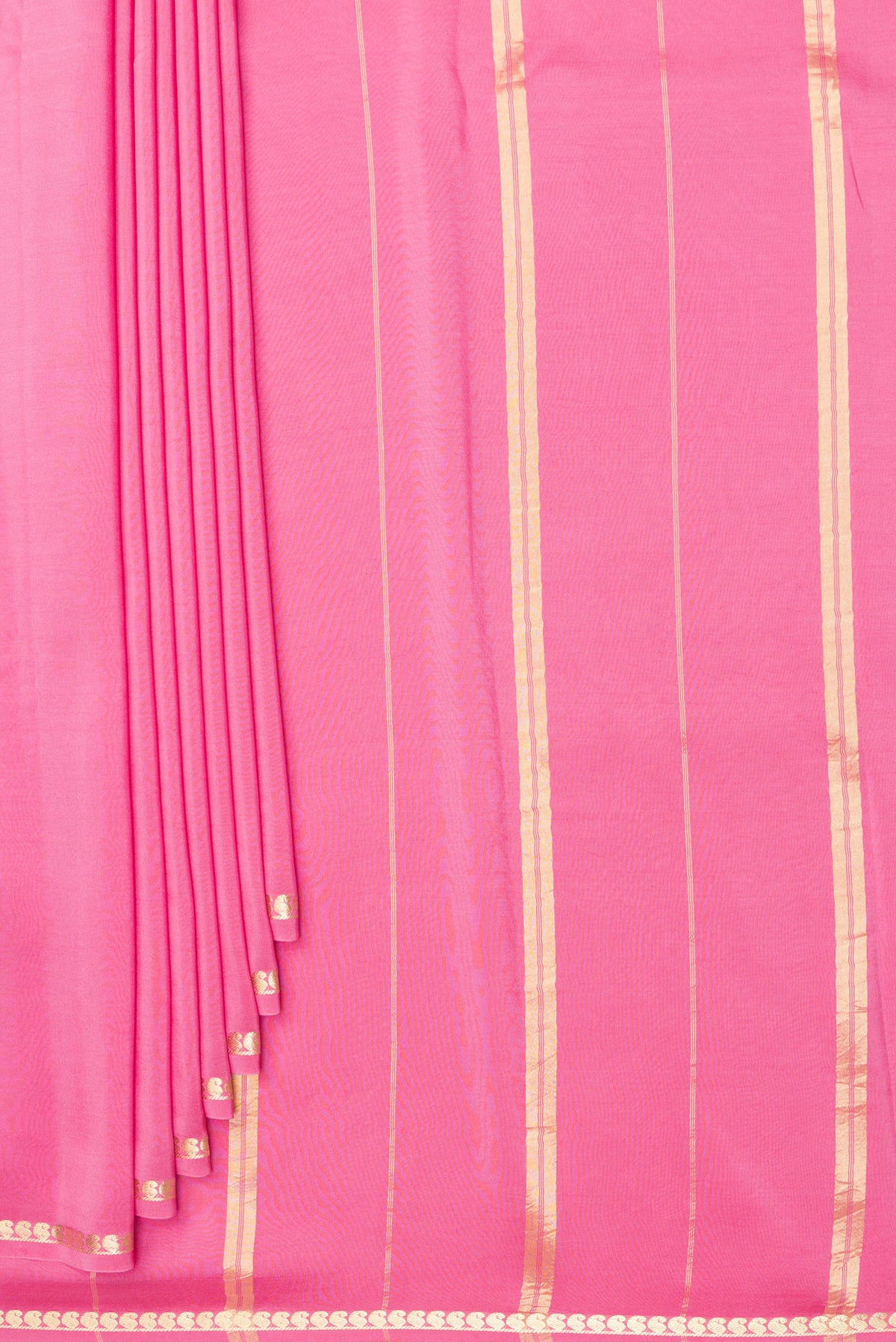 Pleats and pallu of Pure Silk Pure Zari Pink Mysore Silk Saree with Plain Body and Zari Border. 