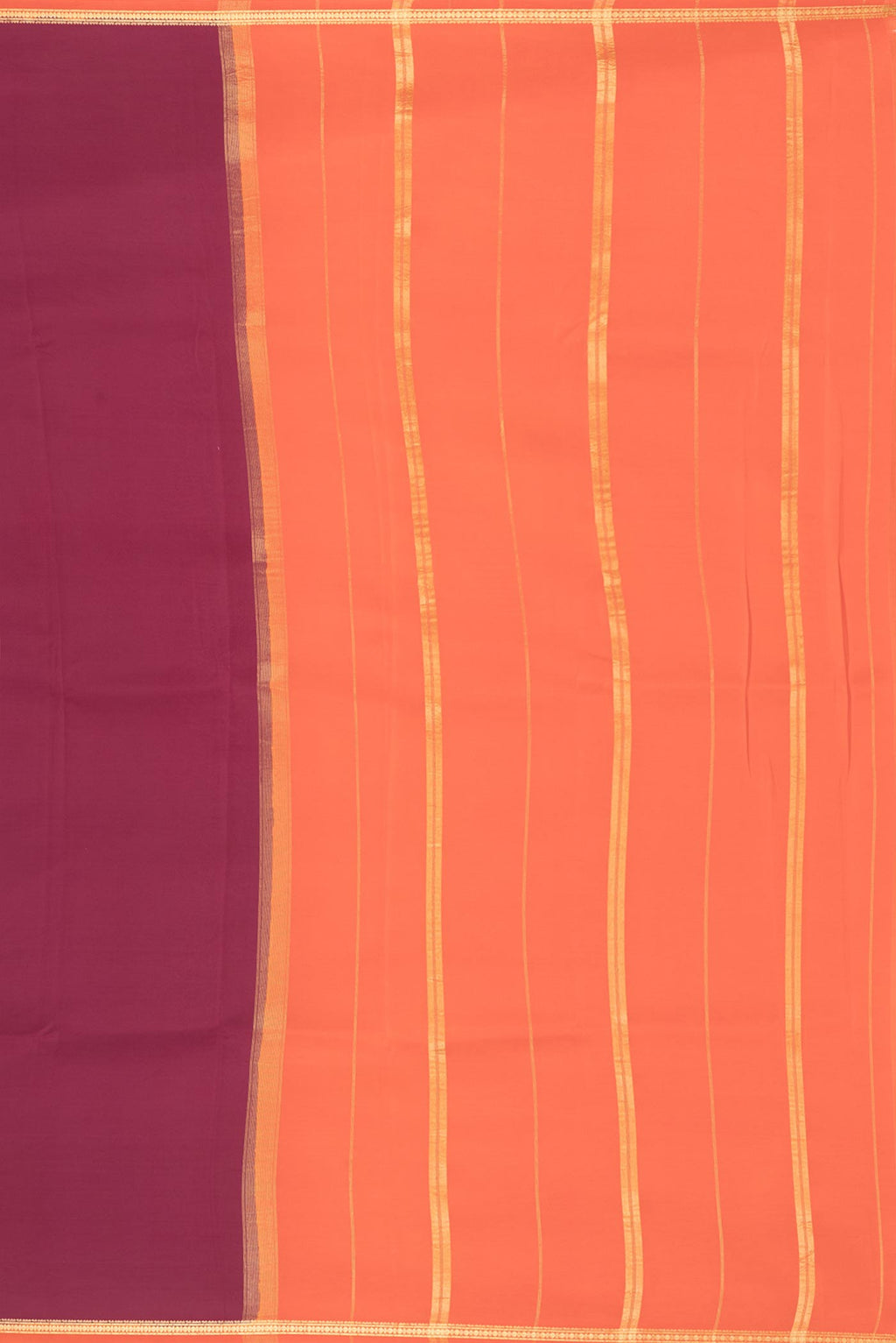 Close up image of the pallu of Pure Silk Pure Zari Maroon Mysore Silk Saree with Plain Body and Zari Border. 