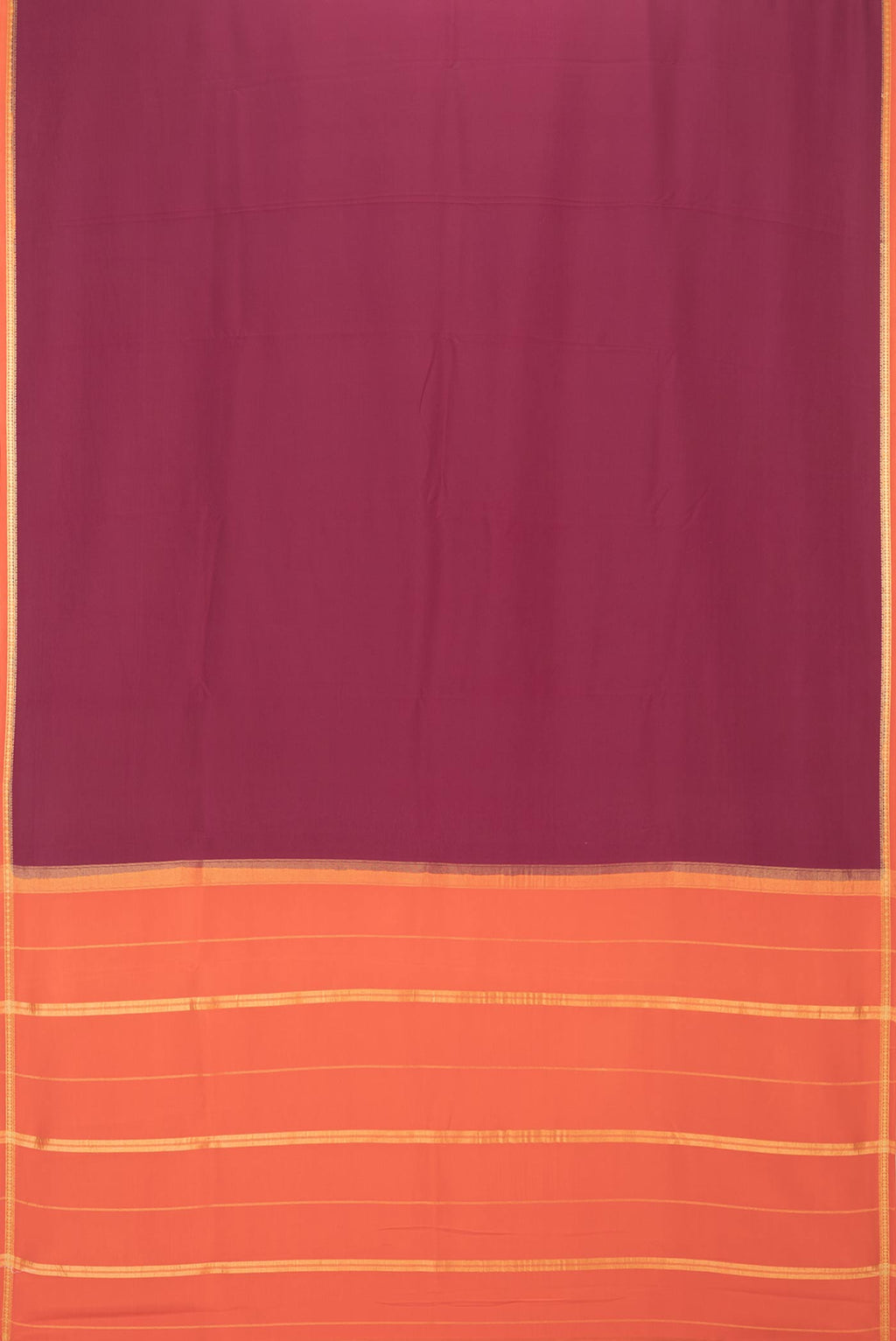 Flat view of Pure Silk Pure Zari Maroon Mysore Silk Saree with Plain Body and Zari Border. 