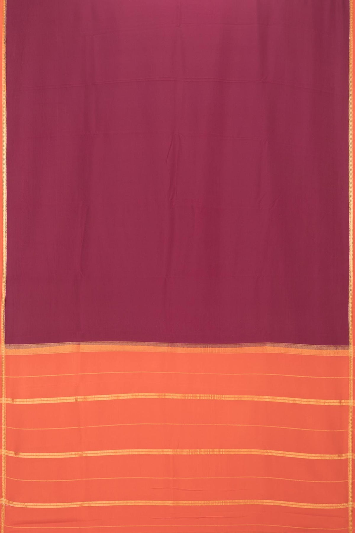 Flat view of Pure Silk Pure Zari Maroon Mysore Silk Saree with Plain Body and Zari Border. 
