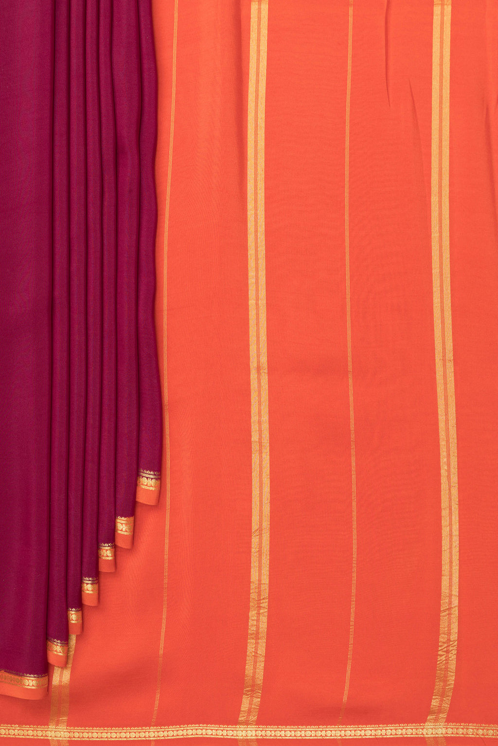 Pleats and pallu of Pure Silk Pure Zari Maroon Mysore Silk Saree with Plain Body and Zari Border. 
