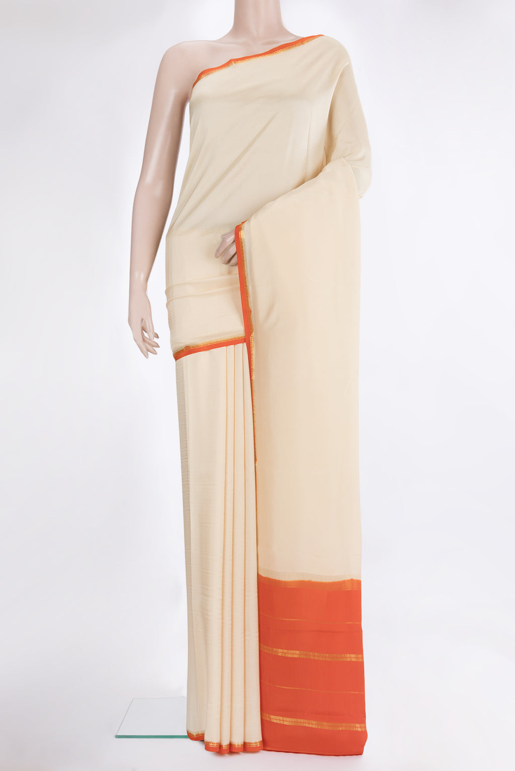 Pure Silk Pure Zari Beige Mysore Silk Saree with Plain Body and Zari Border.  displayed on a mannequin