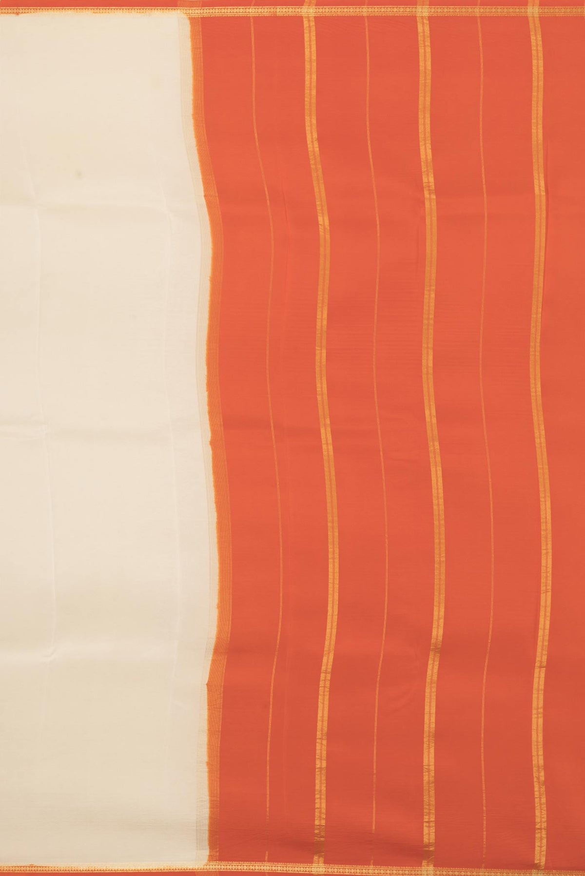 Close up image of the pallu of Pure Silk Pure Zari Beige Mysore Silk Saree with Plain Body and Zari Border. 