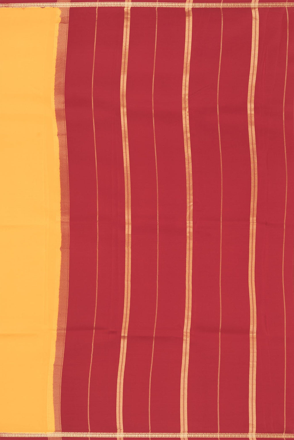 Close up image of the pallu of Pure Silk Pure Zari Yellow Mysore Silk Saree with Plain Body and Zari Border. 
