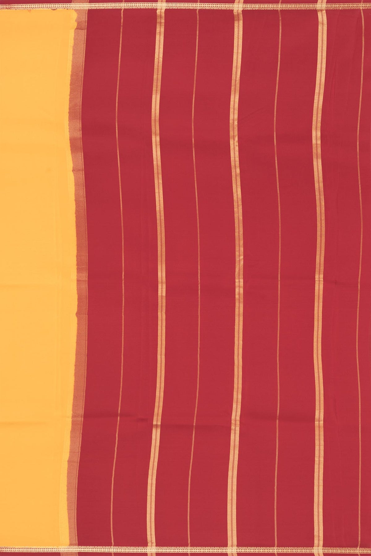 Close up image of the pallu of Pure Silk Pure Zari Yellow Mysore Silk Saree with Plain Body and Zari Border. 