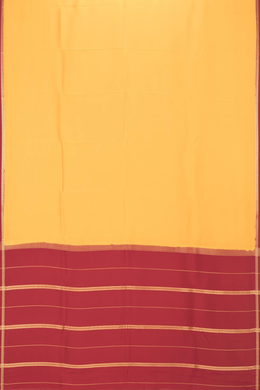 Flat view of Pure Silk Pure Zari Yellow Mysore Silk Saree with Plain Body and Zari Border. 