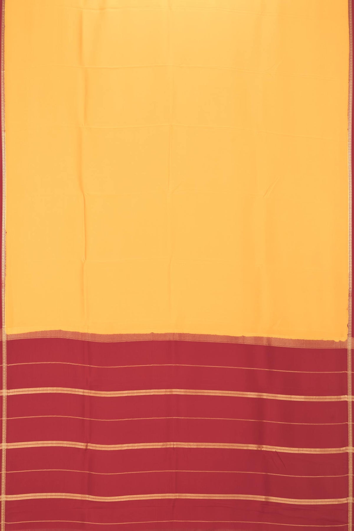 Flat view of Pure Silk Pure Zari Yellow Mysore Silk Saree with Plain Body and Zari Border. 