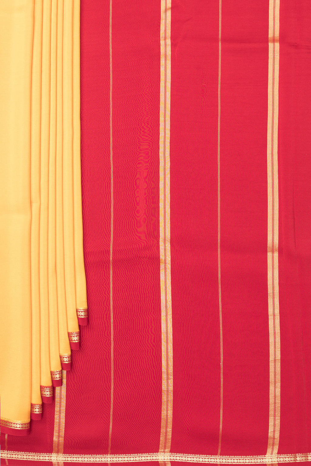 Pleats and pallu of Pure Silk Pure Zari Yellow Mysore Silk Saree with Plain Body and Zari Border. 