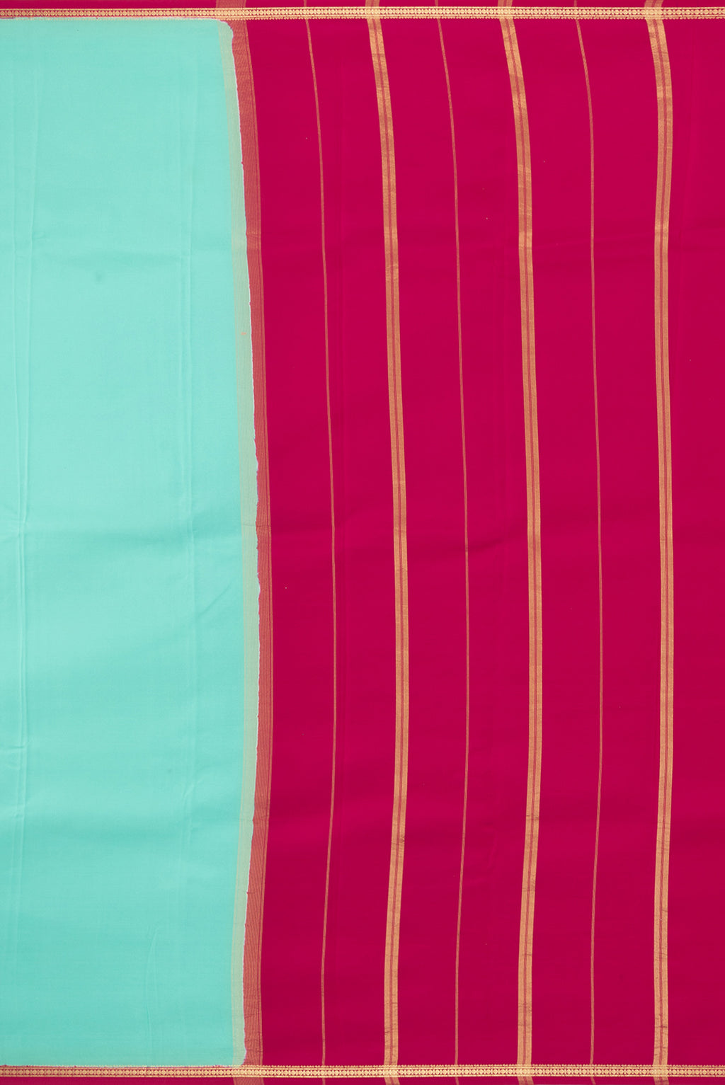 Close up image of the pallu of Pure Silk Pure Zari Sea Green Mysore Silk Saree with Plain Body and Zari Border. 