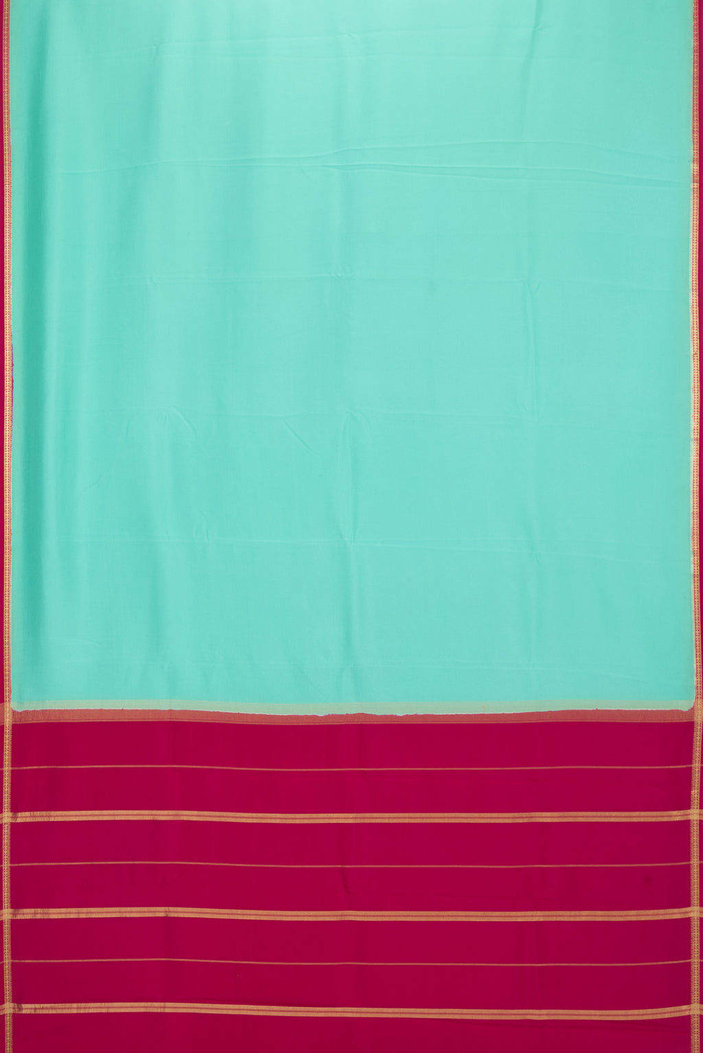 Flat view of Pure Silk Pure Zari Sea Green Mysore Silk Saree with Plain Body and Zari Border. 