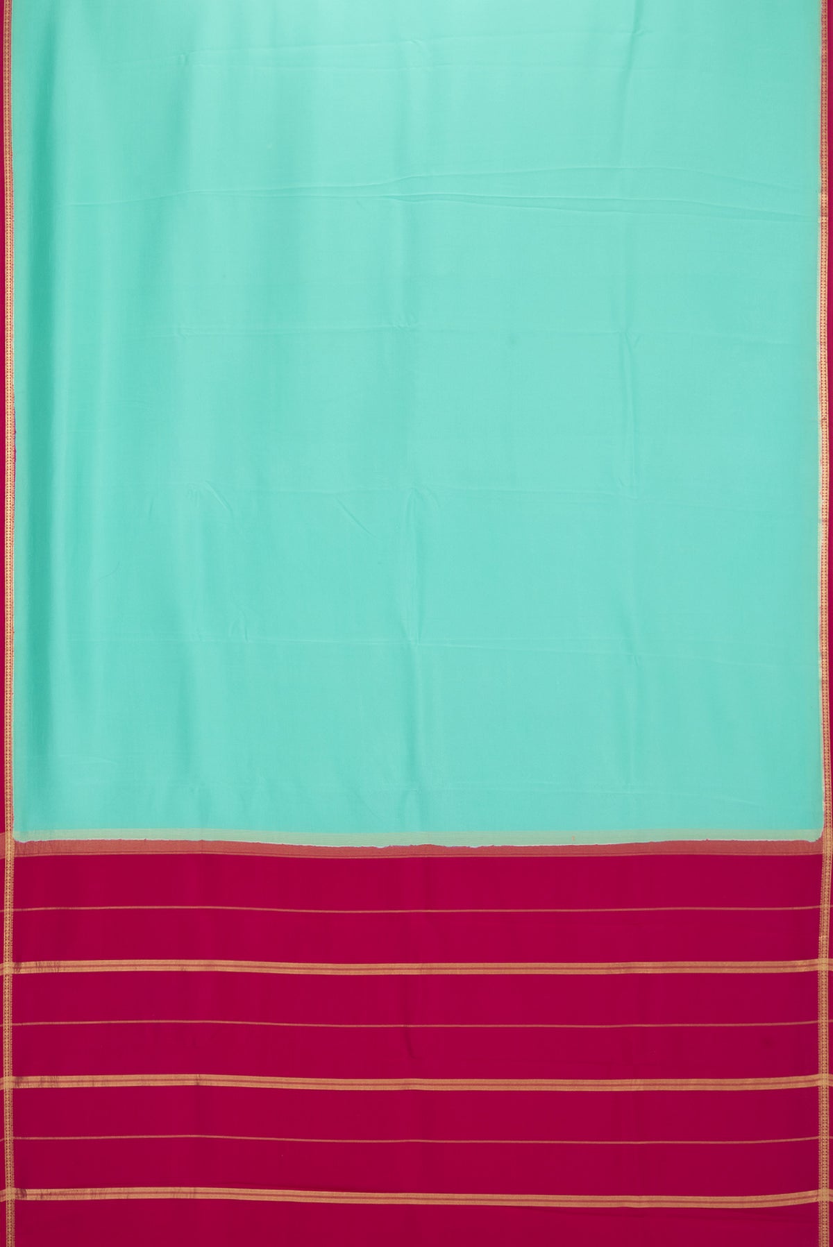 Flat view of Pure Silk Pure Zari Sea Green Mysore Silk Saree with Plain Body and Zari Border. 