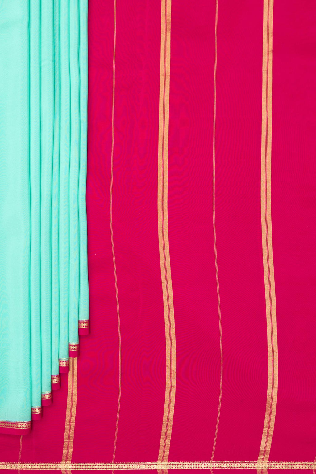 Pleats and pallu of Pure Silk Pure Zari Sea Green Mysore Silk Saree with Plain Body and Zari Border. 