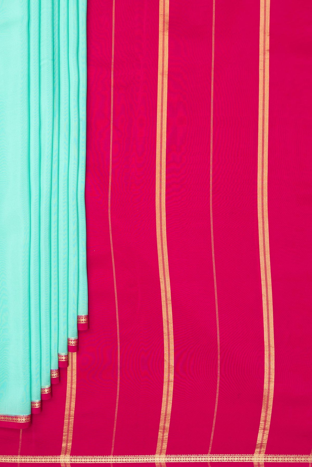 Pleats and pallu of Pure Silk Pure Zari Sea Green Mysore Silk Saree with Plain Body and Zari Border. 