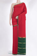 Pure Silk Pure Zari Red Mysore Silk Saree with Plain Body and Zari Border.  displayed on a mannequin