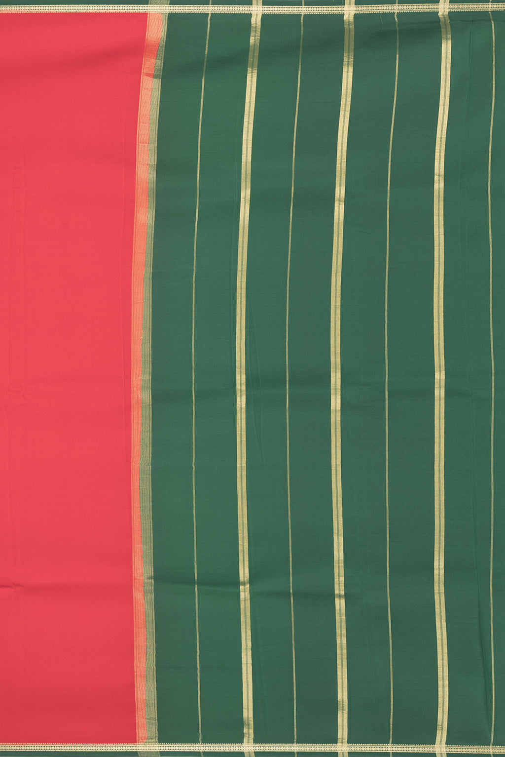 Close up image of the pallu of Pure Silk Pure Zari Red Mysore Silk Saree with Plain Body and Zari Border. 