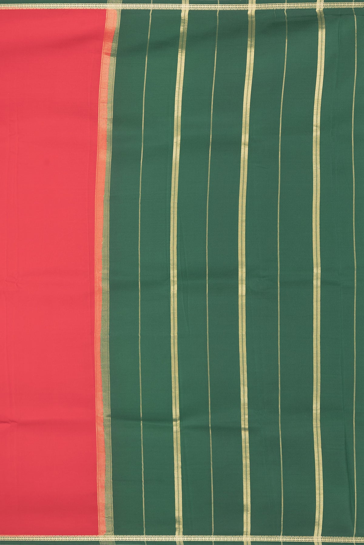 Close up image of the pallu of Pure Silk Pure Zari Red Mysore Silk Saree with Plain Body and Zari Border. 